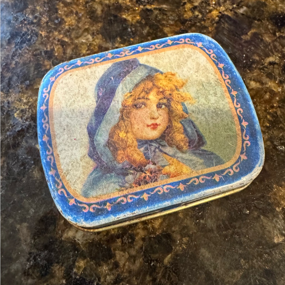 Vintage Decorative Tin Pill Box with Portrait